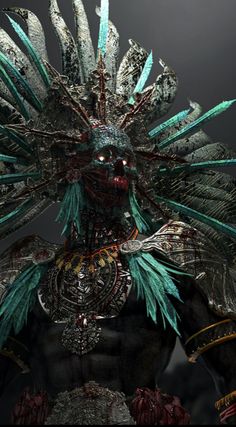 an image of a man with feathers on his head and body, in the dark