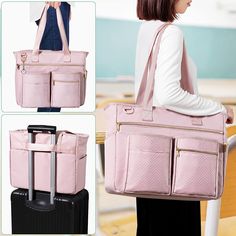 Pink Shoulder Bag With Pockets For On-the-go, Travel Handheld Bag With Removable Pouch, Pink Laptop Satchel Bag, Large Capacity Handheld Shoulder Bag For Travel, Pink Large Capacity Weekender Bag With Double Handle, Pink Tote Satchel For Travel, Large Capacity Laptop Satchel Bag For Errands, Large Capacity Satchel Laptop Bag For Errands, Large Capacity Shoulder Bag For Travel