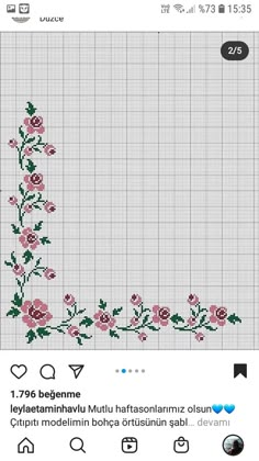 a cross stitch pattern with pink flowers on the bottom and green leaves in the middle