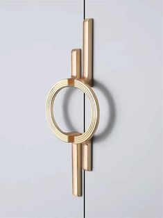 an object is hanging on the wall in front of a white door with a gold ring