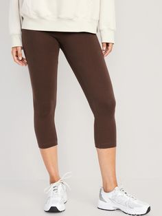 High Waisted Cropped Leggings For Women | Old Navy High Waist Ribbed Waistband Leggings, Basic Stretch Sweatpants With Ribbed Waistband, Basic Everyday Bottoms With Elastic Waistband, Basic Full-length Bottoms With Elastic Waistband, Basic Bottoms With Elastic Waistband For Everyday, Sporty Leggings With Elastic Waistband And 5-inch Inseam, Versatile Pull-on Leggings For Fall, Brown High Waist Stretch Activewear, Sporty Stretch Brown Pants