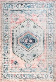 an area rug with blue, pink and white colors