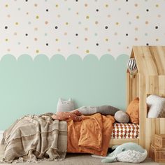 a child's bedroom with polka dot wallpaper and wooden bed frame in the corner