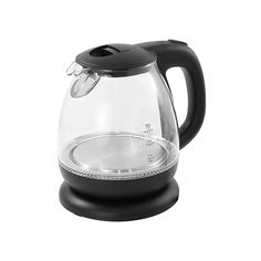 an electric tea kettle with a glass lid and black handle, on a white background