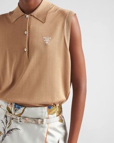 Camel Brown Sleeveless silk polo shirt | PRADA Knit Polo Shirt, Summer 2025, Lettering Logo, Silk Knit, Knit Polo, Contrasting Colors, Camel, Prada, Branding Design