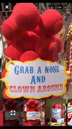 there is a sign that says grab a nose and crown around the gummy bears