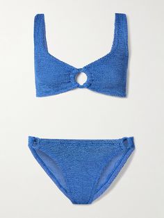 Hunza G's 'Hallie' bikini is cut from the brand's signature 'Crinkle™' seersucker in a shimmering blue shade. It has supportive triangle cups held together by a signature O-ring and mid-rise briefs that are cut high on the legs. Textured Beachwear Swimwear For Vacation, Blue Textured Beachwear Swimwear, Textured Blue Beachwear Swimwear, Textured Blue Swimwear For Summer, Hunza G, Metallic Blue, Sports Suit, Ski Wear, O Ring