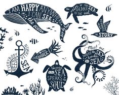 an anchor, sea turtle and other marine animals