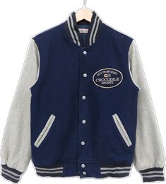 Blue Varsity Jacket With Baseball Collar, Blue College Varsity Jacket With Button Closure, Casual Gray Varsity Jacket, Blue Varsity Jacket With Button Closure For College, College Blue Varsity Jacket With Button Closure, Gray Long Sleeve Varsity Outerwear, Casual Gray Long Sleeve Varsity Jacket, Gray Long Sleeve Outerwear For College, Long Sleeve Gray Outerwear For College