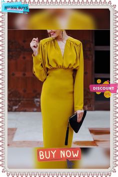 Ruched Design Long Sleeve Midi Dress Women Peplum Office Dress Summer Elegant V Neck Party Dresses Elegant Solid Color V-neck Party Dress, Ruched Long Sleeve Dresses For Banquet, Long Sleeve Ruched Dresses For Banquet, Yellow Ruched Maxi Dress For Party, Chic Ruched Dress For Banquet, Elegant Yellow Dress For Date Night, Spring V-neck Midi Dress For Banquet, Chic Solid Color Banquet Dress, V-neck Midi Dress For Banquet