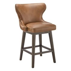 an upholstered bar stool with leather seat and nailing on the backrest