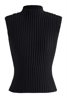 Embrace sleek simplicity with our Mock Neck Sleeveless Rib Knit Top. The minimalist design, featuring a chic mock neck and sleeveless silhouette, exudes modern sophistication. Crafted from a ribbed knit fabric, it provides a flattering and comfortable fit, making it an essential wardrobe staple for any style-conscious individual.      Slim fit  Sleeveless design  Cropped length  Mock neck  Ribbed texture  Knit fabric provides flexibility  Not lined  100% Acrylic  Hand wash cold    size & fit Black Sleeveless Top With Ribbed Neckline, Black High Neck Tank Top For Layering, Chic Black Turtleneck Tank Top, Black Sleeveless Tank Top With Ribbing, Chic Black Tank Top With Ribbed Neckline, Black Stretch Sleeveless Sweater Vest, Black Turtleneck Tank Top For Layering, Black Stretch Sweater Vest, Black Stretch Turtleneck Sweater Vest