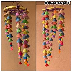 two pictures with different colored tassels hanging from the ceiling and on the wall