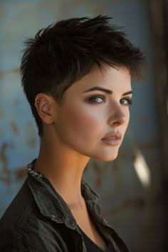 Person with short, dark hair and ear piercing gazing confidently at the camera. Super Short Hair Cuts, Super Short Hair Styles, Super Short Haircuts For Women, Pixie Haircut Color, Super Short Pixie Cuts, Super Short Pixie, Pixie Haircut Ideas, Super Short Haircuts, Crop Hair