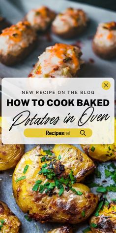 baked potatoes in oven with text overlay reading how to cook baked potatoes in oven