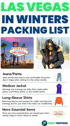 the las vegas winter packing list is shown in this poster, which shows how to pack for