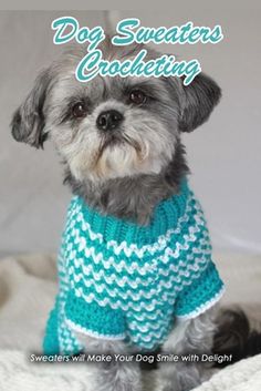 a small dog wearing a sweater on top of a white blanket with the words dog sweaters crocheting written across it