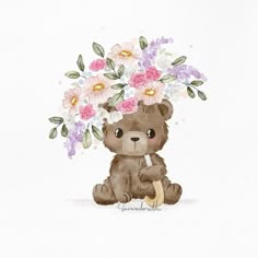 a watercolor painting of a teddy bear with flowers on its head