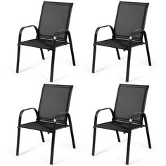 four black chairs sitting next to each other