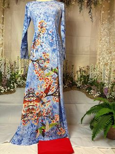 Brand New High Quality Vietnamese Ao Dai.  Free Priority Shipping (1-3 days) to arrive via USPS. Size Bust/ChestWaist S31.9in/81cm26.8in/68cm M33.1in/84cm29.1in/74cm L35.0in/89cm29.9in/76cm 3XL 35.8in/91cm30.7in/78cm Please provide Bust, Waist, and Hip measurements when placing your order so we can ensure the best fit for you. To get the best fit, we provide Free Alterations to the Bust and Waist measurements of the Women Ao Dai and the Chest measurement for the men. Please note:  Almost all Ao Spring V-neck Non-stretch Sets, Blue Long Sleeve Non-stretch Set, Non-stretch V-neck Sets For Spring, Floral Print Long Sleeve Sets For Spring, Spring Sets With Floral Print And Long Sleeves, Blue Ao Dai For Summer, Spring Printed Sets With Wide Leg, Spring Printed Wide Leg Sets, Spring Printed Wide-leg Sets