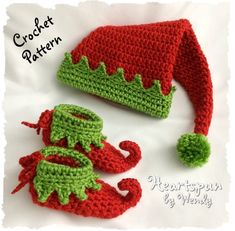 two crocheted christmas hats and booties are shown on a white background with the words crochet pattern