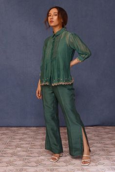 Shop for these amazing collections of Green Shirt: Malai Cotton Embroidered Hem Floral Mona With Pant For Women by Chokhi Chorri online at Aza Fashions. Designer Silk Pant Set With Long Sleeves, Elegant Embroidered Pant Set For Work, Festive Embroidered Workwear Pant Set, Festive Embroidered Pant Set For Work, Embroidered Long Sleeve Pant Set For Work, Workwear Sets With Embroidered Long Sleeves, Long Sleeve Embellished Sets For Workwear, Embellished Long Sleeve Sets For Workwear, Traditional Chanderi Embroidered Top With Cutdana