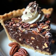 a slice of chocolate pecan pie on a plate