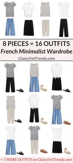 Minimalist Travel Wardrobe, French Minimalist Wardrobe, Travel Capsule Wardrobe Summer, 16 Outfits, Clothes Capsule, French Capsule Wardrobe, French Minimalist, Minimalist Moda