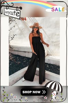 Spaghetti Strap Ruffle Trimmed Smocked Bandeau Palazzo Pant Jumpsuit Outfit For Work, Palazzo Pant, Jumpsuits And Romper, Jumpsuit Fashion, Palazzo Pants, Ruffle Trim, Work Outfit, Smocking, Pant Jumpsuit