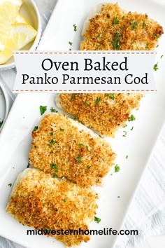 oven baked panko parmesan fish on a white plate