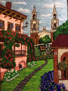 this is a drawing of a garden with flowers and buildings in the backround