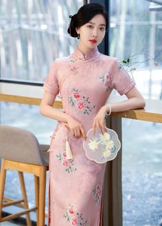 Long Pink Qipao | Cheongsam Dress Pink Summer Wedding Cheongsam, Summer Wedding Pink Cheongsam, Elegant Pink Dress With Stand Collar, Fitted Pink Dress With Stand Collar, Pink Fitted Dress With Stand Collar, Pink Short Sleeve Cheongsam For Summer, Summer Pink Dress With Stand Collar, Pink Short Sleeve Cheongsam For Spring, Spring Pink Fitted Cheongsam