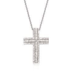 Ross-Simons - 1.00ct t.w. Baguette, Round Cross Pendant Necklace in 14kt White Gold. 20". Show your faith with a sparkling look. The glistening 1.00 ct. t.w. baguette and round diamond cross, set in polished 14kt white gold, suspends from a 14kt white gold rope chain. Springring clasp, diamond cross pendant necklace. Diamond birthstones are the perfect gift for April birthdays. Classic White Gold Jewelry With Baguette Diamonds, Classic Pendant Jewelry With Baguette Diamonds, Sterling Silver Diamond Necklace With Baguette Pendant, Formal Diamond Pendant Necklace With Baguette Diamonds, Formal Pendant Diamond Necklace With Baguette Diamonds, Timeless Baguette Cut Diamond Necklace In White Gold, Classic Sterling Silver Necklaces With Baguette Diamonds, Classic Sterling Silver Diamond Necklace With Baguette Diamonds, Sterling Silver Pendant Diamond Necklace With Baguette Diamonds