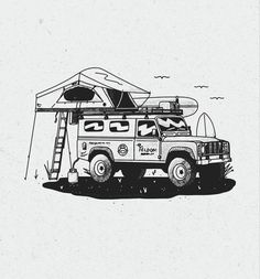 a black and white drawing of a truck with a tent on the roof, ladders to the top