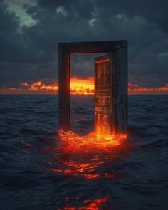 an open door in the middle of water at sunset with red light coming from it