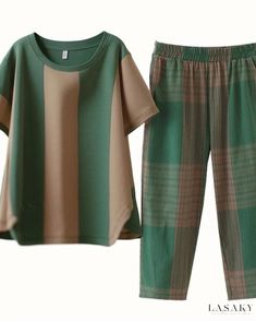 Lasaky - Contemporary Plaid Two-Piece Pant Set with Comfortable Relaxed Fit Top Casual Green Sets With Pockets, Casual Green Stretch Sets, Green Relaxed Fit Comfortable Sets, Green Comfortable Relaxed Fit Sets, Green Comfortable Sets With Relaxed Fit, Casual Khaki Cotton Sets, Casual Green Loungewear Sets, Casual Brown Relaxed Fit Set, Casual Brown Sets With Relaxed Fit