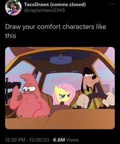 an image of cartoon characters sitting in the back seat of a car with caption that reads draw your comfort characters like this