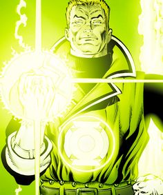 the green lantern is standing in front of a yellow background