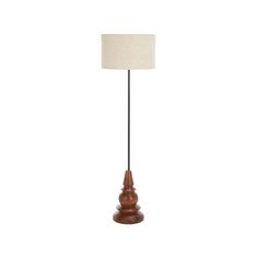 a wooden table lamp with a white shade on the top and bottom part of it