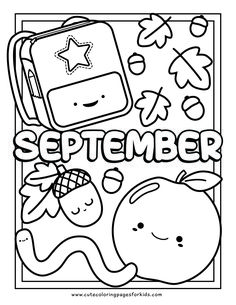 a coloring page with the words october and an image of a school bag, apple, star