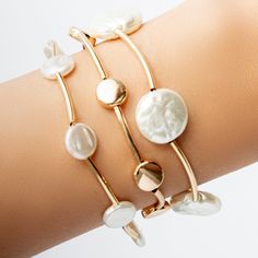 Three separate bracelets, includes everything pictured Material: gold plated brass Diameter: 2.5" + stretch IMPORTED Pearl Bracelet, Bracelet Set, Gold Plate, Plating, Brass, Bracelet, Gold