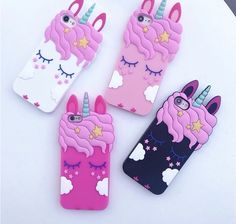 three phone cases with unicorns and stars on them