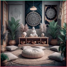 there is a buddha statue in the middle of this room surrounded by plants and pillows