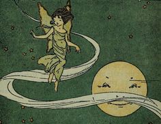 an illustration of a fairy flying over the moon