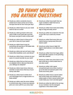 an orange and white poster with the words 20 funny would you rather questions?