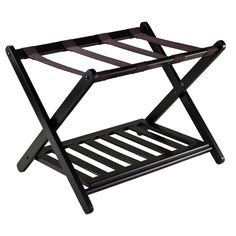 The Reese luggage rack is a great addition to your daily living as it offers a convenient place for unwinding from your daily routine. Ideal for the guest room, allowing your house guest to feel welcome with a place to set their bags or luggage and unpack. Help guests feel welcome and keep tidy as this luggage rack helps keep the luggage off the bed and floor. A clean design that will blend well with most decors. Made of solid wood in a sleek espresso finish with four thick, brown nylon straps. Slatted Shelves, Luggage Racks, Shoe Shelves, Wood Rack, Shoe Shelf, Tiny Apartment, Luggage Rack, Closet Organizers, Woodworking Bench