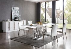 Modrest Marston Modern White Marble & Stainless Steel Dining Table White Marble Table Top, Stainless Steel Dining Table, Dining Room Design Modern, White Marble Table, Steel Dining Table, Futuristic Furniture, Modern Dining Room Tables, White Dining Chairs, Marble Table Top