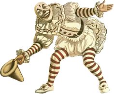 an image of a creepy clown with a hat and striped tights holding a megaphone