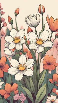 an illustration of flowers with orange and white petals in the foreground, on a pink background