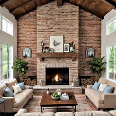 a living room filled with furniture and a fire place in the middle of a room